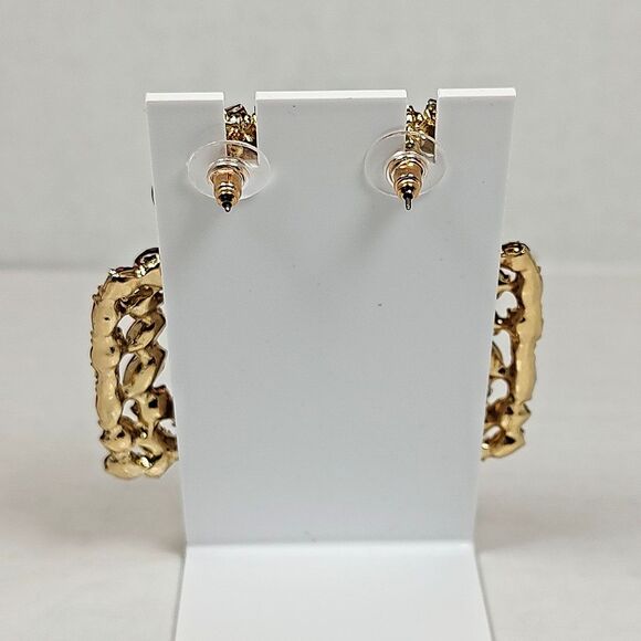 Gold Tone Metal Red Plastic Rhinestone Opulent Chandelier Earrings Square Drop - Picture 10 of 16
